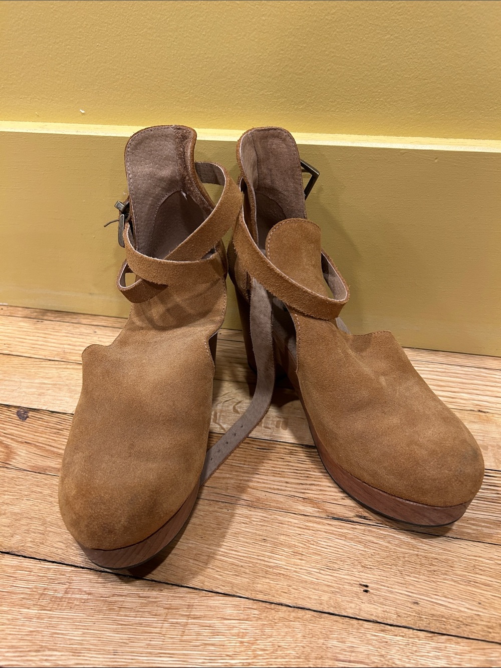 Free People Tan Suede Cutout Platform Heels with Ankle Strap - Picture 2 of 2